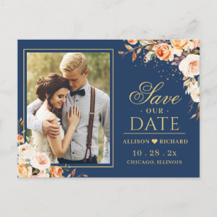 Autumn Gold Floral Navy Blue Photo Save the Date Postcard