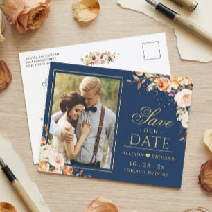Autumn Gold Floral Navy Blue Photo Save the Date Postcard