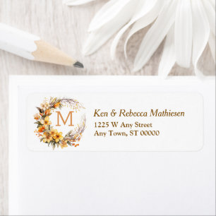 Autumn Gold Floral Wreath Monogram Return Address Label