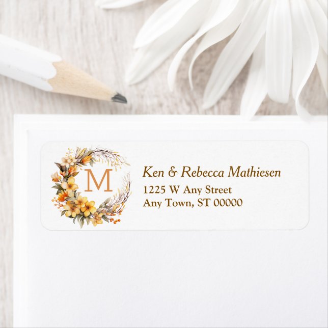 Autumn Gold Floral Wreath Monogram Return Address Label (Insitu)