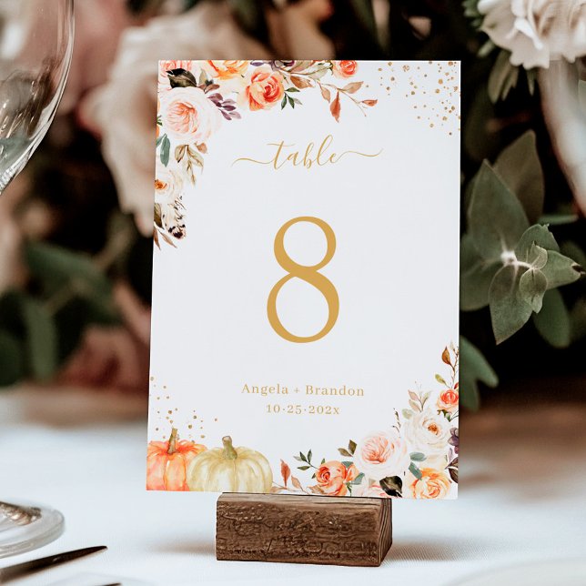 Autumn Gold Glitter Floral Chic Fall Wedding Table Number (Creator Uploaded)