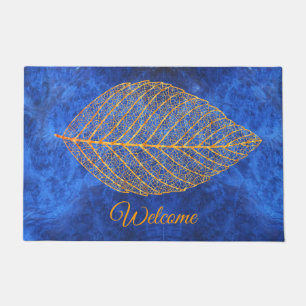 Autumn Gold Leaf on Sapphire Blue Doormat