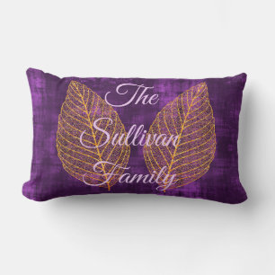 Autumn Gold Leaf on Violet Purple Satin  Lumbar Cushion