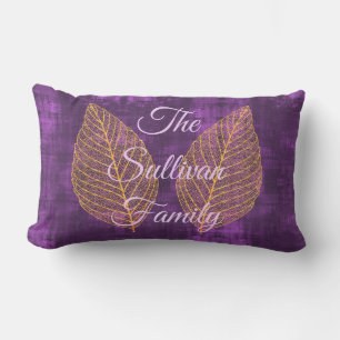 Autumn Gold Leaf on Violet Purple Satin Lumbar Cushion
