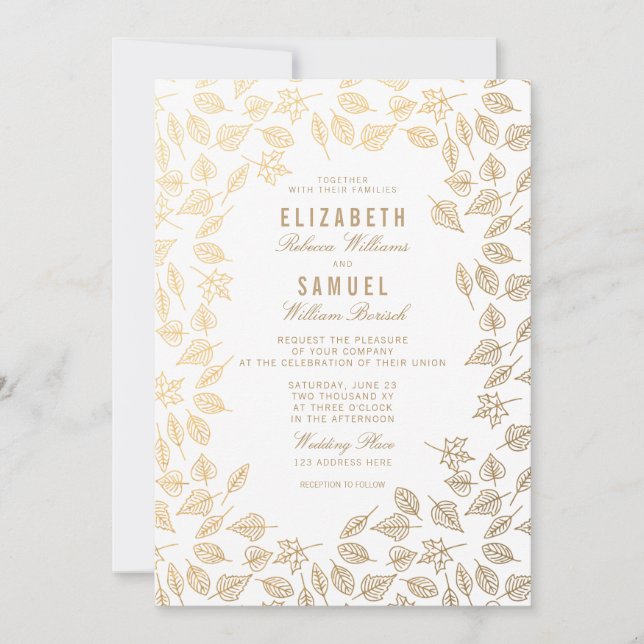 Autumn Gold Leaves Clean White Wedding Invitation (Front)