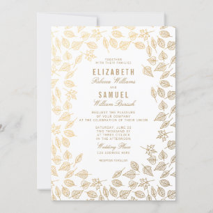 Autumn Gold Leaves Clean White Wedding Invitation