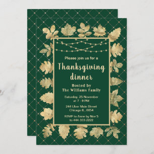 Autumn Gold Leaves Thanksgiving Dinner Green Invitation