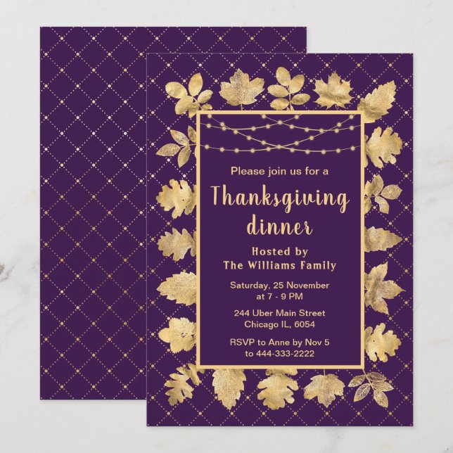 Autumn Gold Leaves Thanksgiving Dinner Purple Invitation (Front/Back)