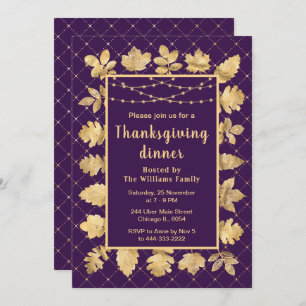 Autumn Gold Leaves Thanksgiving Dinner Purple Invitation