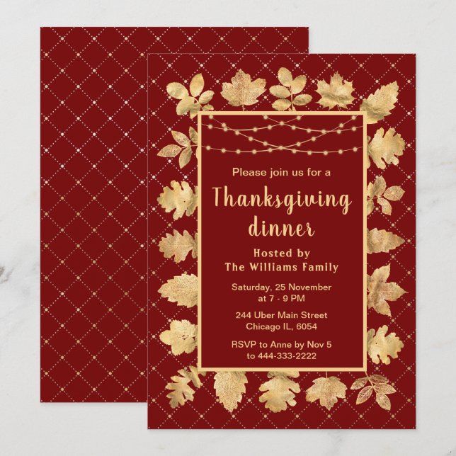Autumn Gold Leaves Thanksgiving Dinner Red Invitation (Front/Back)