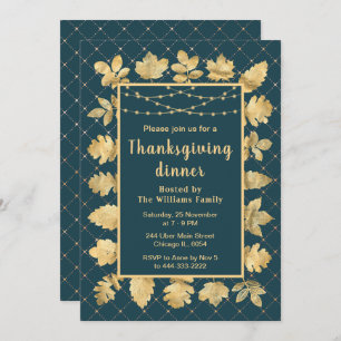 Autumn Gold Leaves Thanksgiving Dinner Teal Invitation