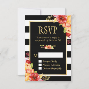 Autumn Gold Orang Red Floral B&W Stripes RSVP Card