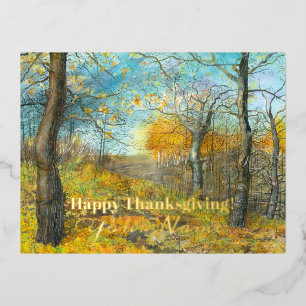 Autumn golden in an oak grove watercolor foil holiday postcard