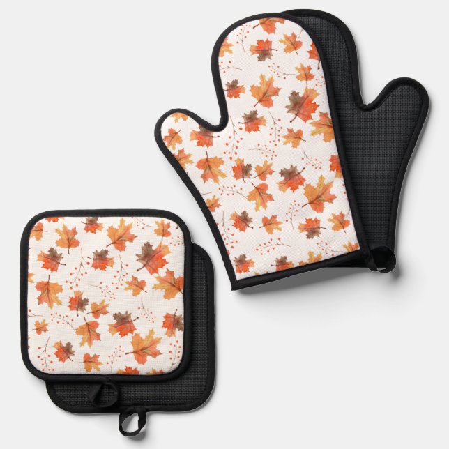 Autumn Golden Maple Leaves & Berries Oven Mitt & Pot Holder Set (Front/Back)