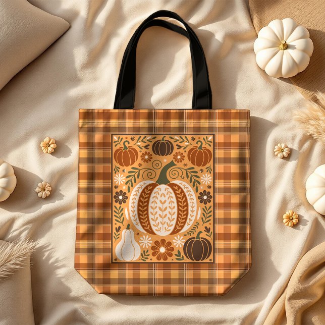 Autumn Gourds Folk Art on Brown Plaid Tote Bag (Creator Uploaded)