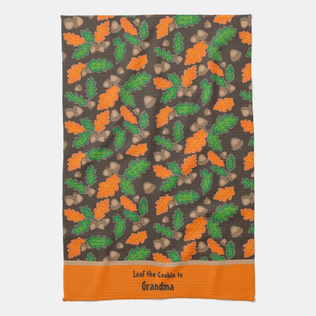 Autumn Green and Orange Leaves Acorns Towels (Vertical)