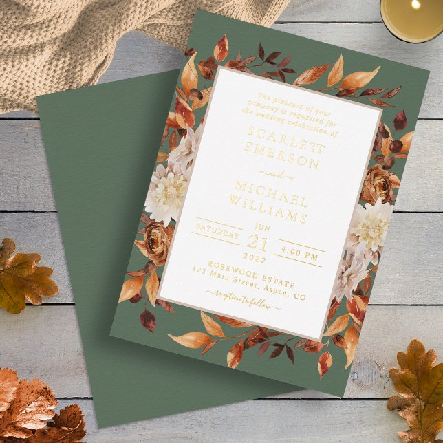Autumn Green Wedding (Elegant Autumn Sage Green Floral Wedding Foil Invitation by Painted Paperie
)