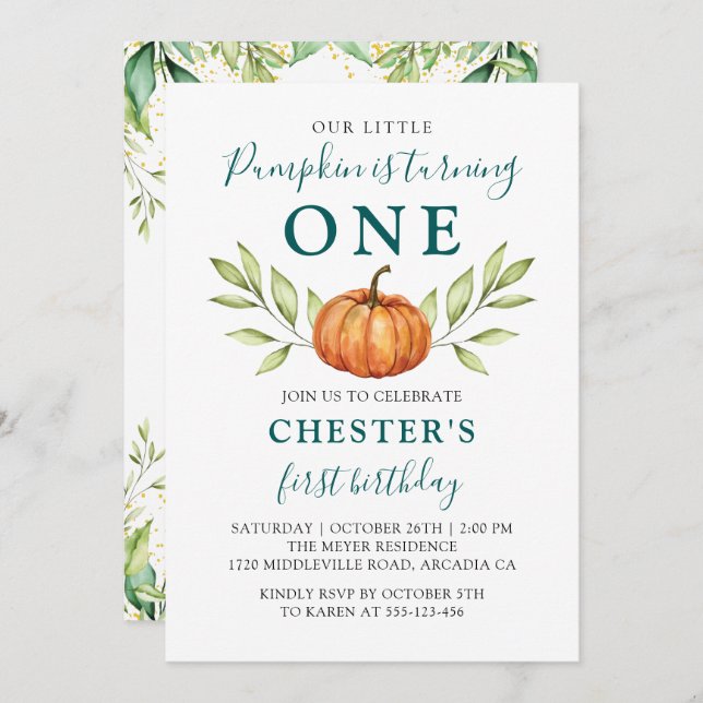 Autumn Greenery Little Pumpkin First Birthday Invitation (Front/Back)