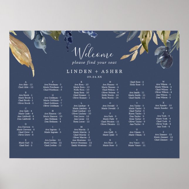 Autumn Greenery | Navy Alphabetical Seating Chart (Front)