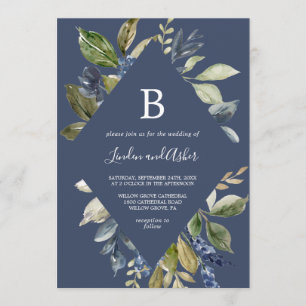 Autumn Greenery Navy Diamond Monogram Wedding Invitation