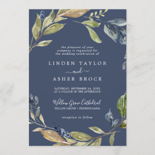 Autumn Greenery Navy Formal Wedding Invitation