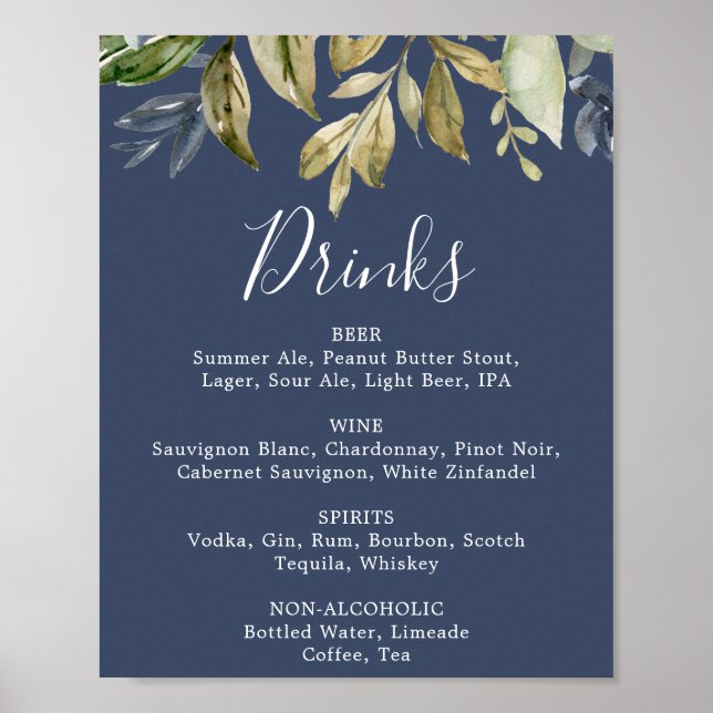 Autumn Greenery | Navy Wedding Drinks Menu Sign (Front)