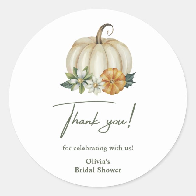 Autumn Greenery Pumpkin Thank You Bridal Shower  Classic Round Sticker (Front)