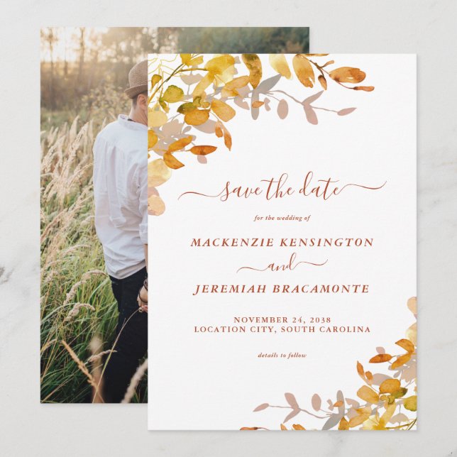 Autumn Greenery Wedding Photo Save the Date (Front/Back)