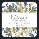 Autumn Greenery Wedding Welcome Square Sticker<br><div class="desc">These autumn greenery wedding welcome stickers are perfect for a fall wedding. The modern rustic design features navy blue, sage green and gold leaves with sprigs of dark blue flowers. Personalise these stickers with the location of your wedding, names, and wedding date. These labels are perfect for destination weddings and...</div>