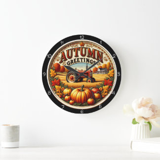 Autumn Greetings Tractor Pumpkin Farm Large Clock