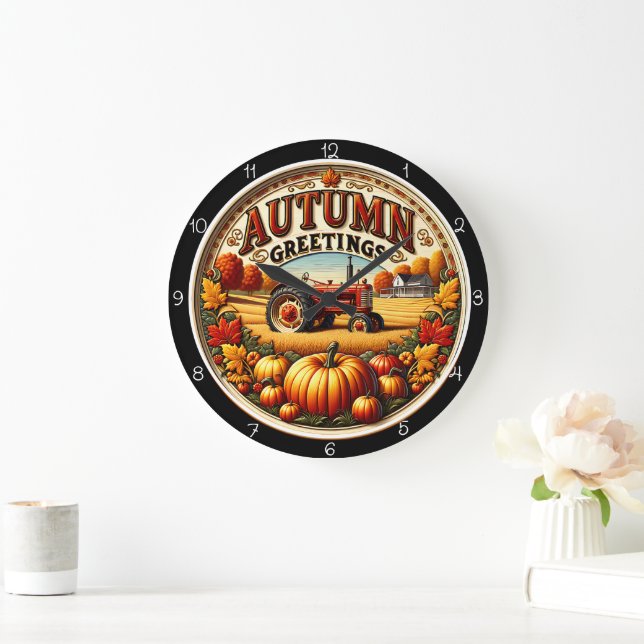 Autumn Greetings Tractor Pumpkin Farm Large Clock (Home)