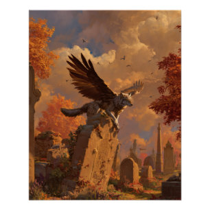 Autumn Griffin Soaring Over Ruins Fantasy Art Poster