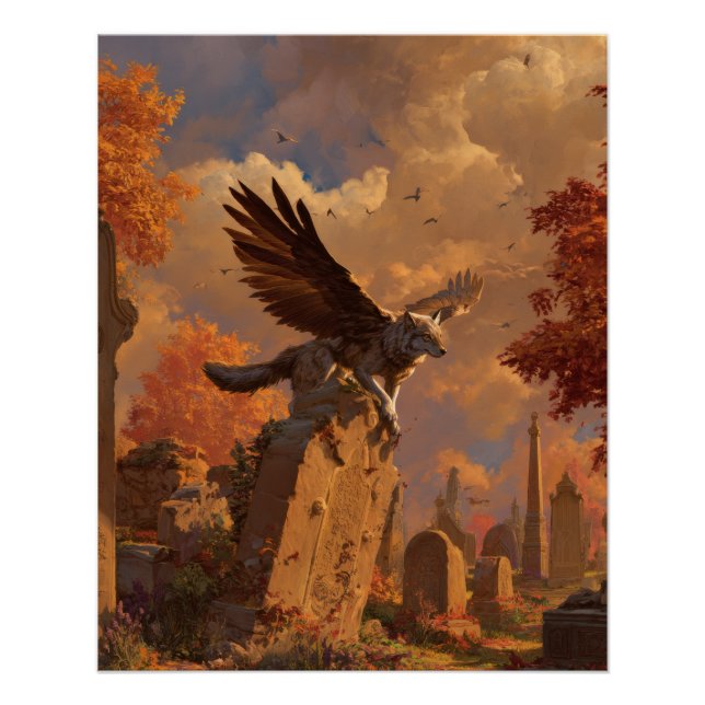 Autumn Griffin Soaring Over Ruins Fantasy Art Poster (Front)