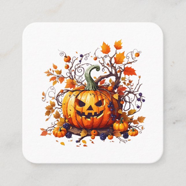 autumn Halloween funny pumpkin Square Business Card (Front)