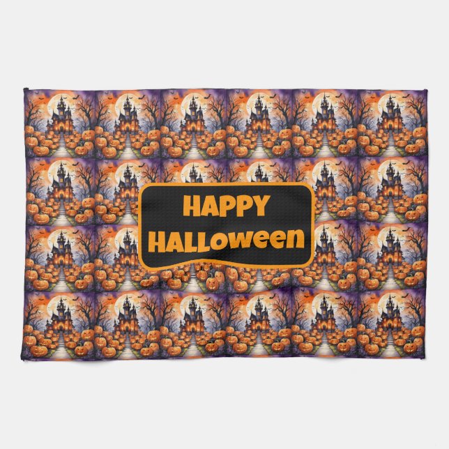 Autumn Halloween Modern Pumpkin Collection Tea Towel (Horizontal)