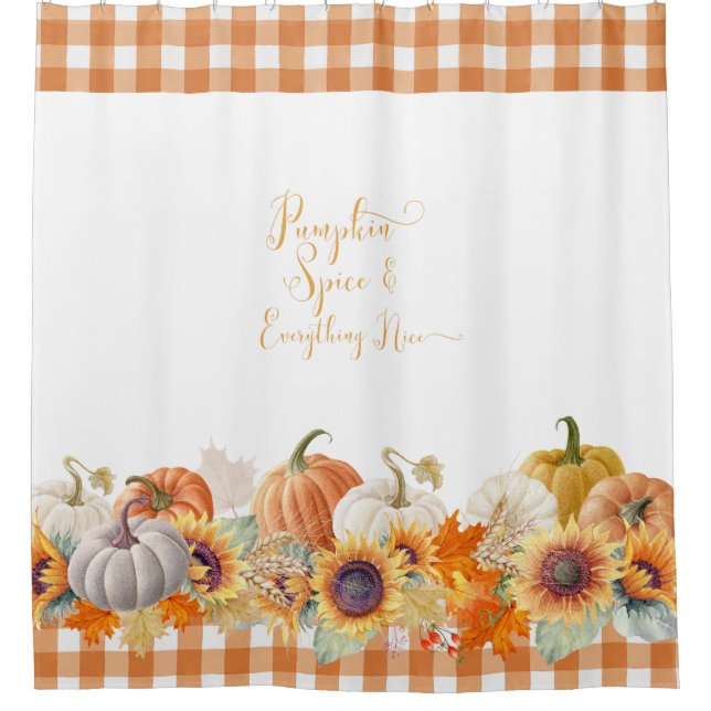 Autumn Halloween Pumpkin Spice Farmhouse Check Shower Curtain (Front)