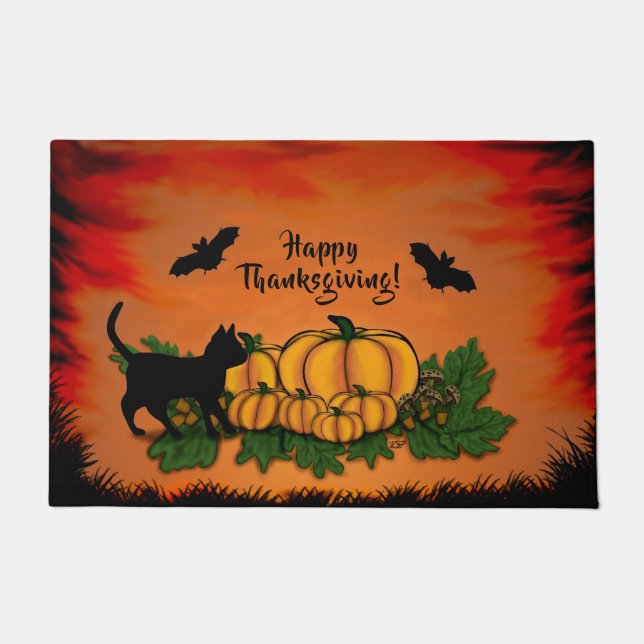 Autumn , Happy Thanksgiving With Bat and Black Cat Doormat (Front)