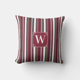 Autumn Harmony Stripes – Burgundy, Green, and Grey Cushion