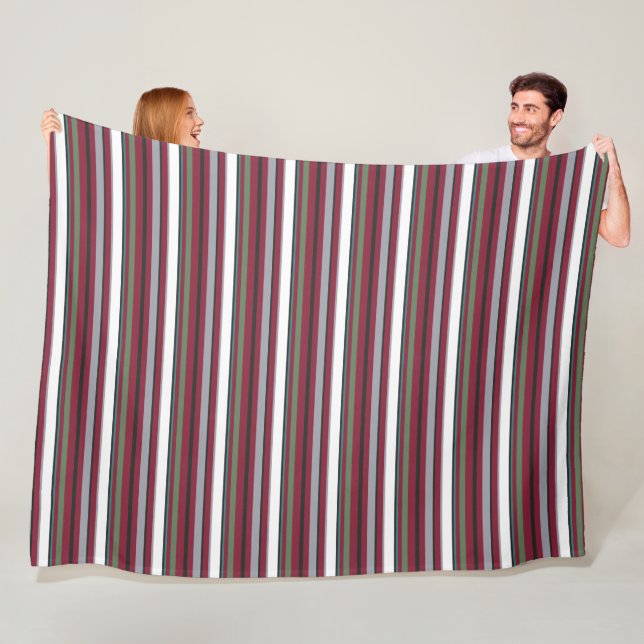 Autumn Harmony Stripes – Burgundy, Green, and Grey Fleece Blanket (In Situ)