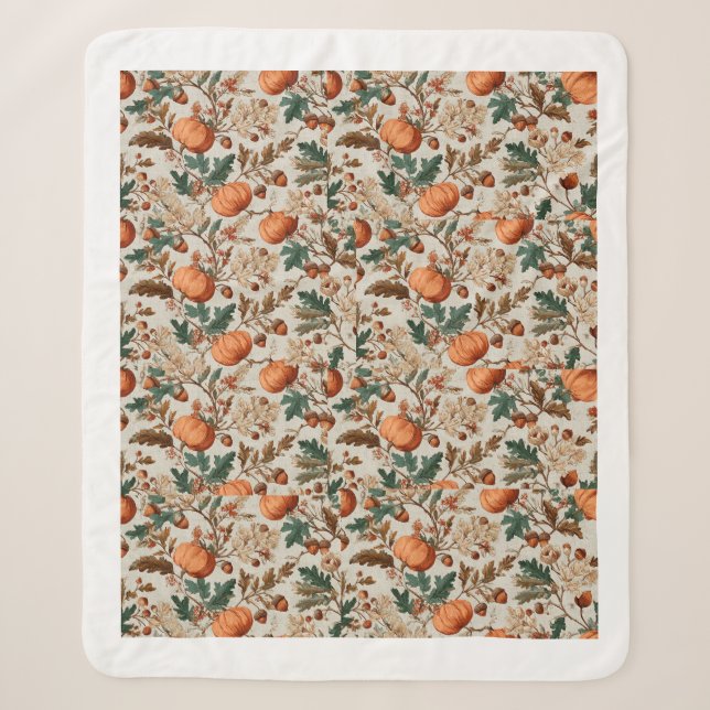 Autumn Harvest Botanical Pattern – Pumpkins, Maple Sherpa Blanket (Front)