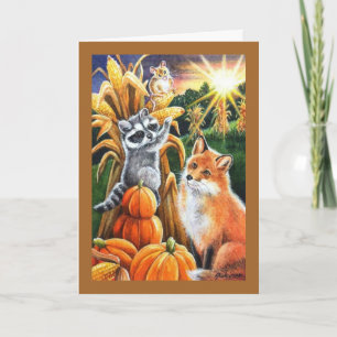 Autumn Harvest Corn Red Fox Racoon Watercolor Art Card