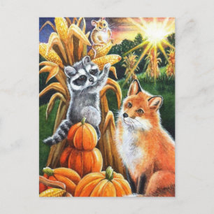 Autumn Harvest Corn Red Fox Racoon Watercolor Art Postcard