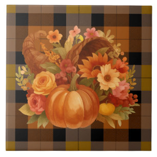 Autumn Harvest Cornucopia On Plaid  Ceramic Tile