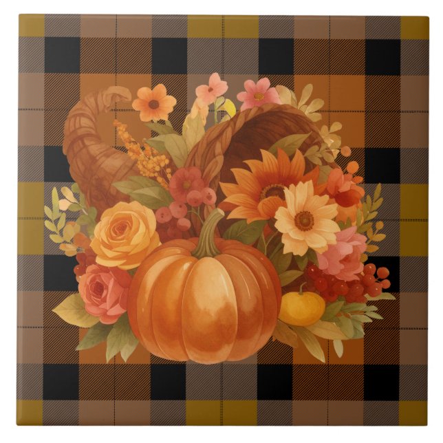 Autumn Harvest Cornucopia On Plaid  Ceramic Tile (Front)