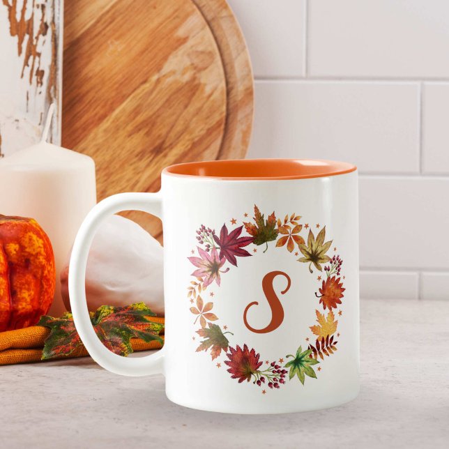 Autumn Harvest Falling Leaves Monogram  Two-Tone Coffee Mug (Autumn Harvest Falling Leaves Monogram Two-Tone Coffee Mug)