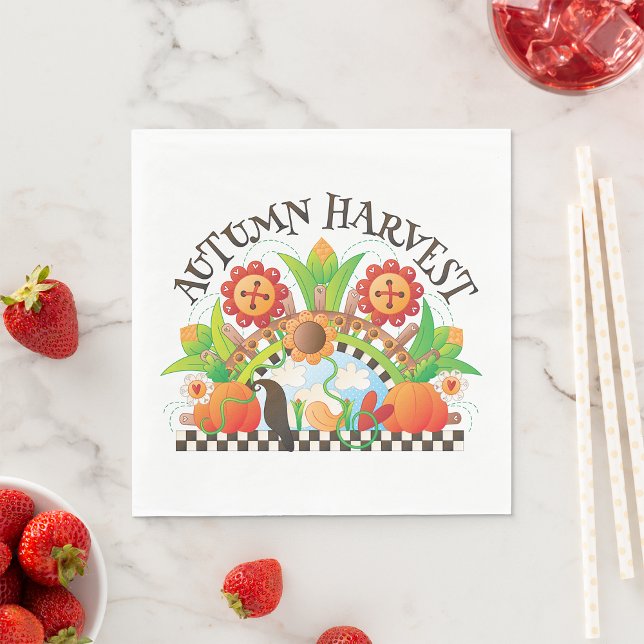 Autumn Harvest Folk Art Pumpkin and Sunflower Fall Napkin (Creator Uploaded)