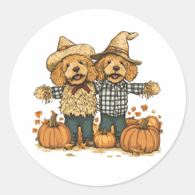 Autumn Harvest Goldendoodle Dogs Classic Round Sticker (Front)
