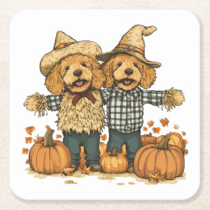 Autumn Harvest Goldendoodle Dogs Square Paper Coaster