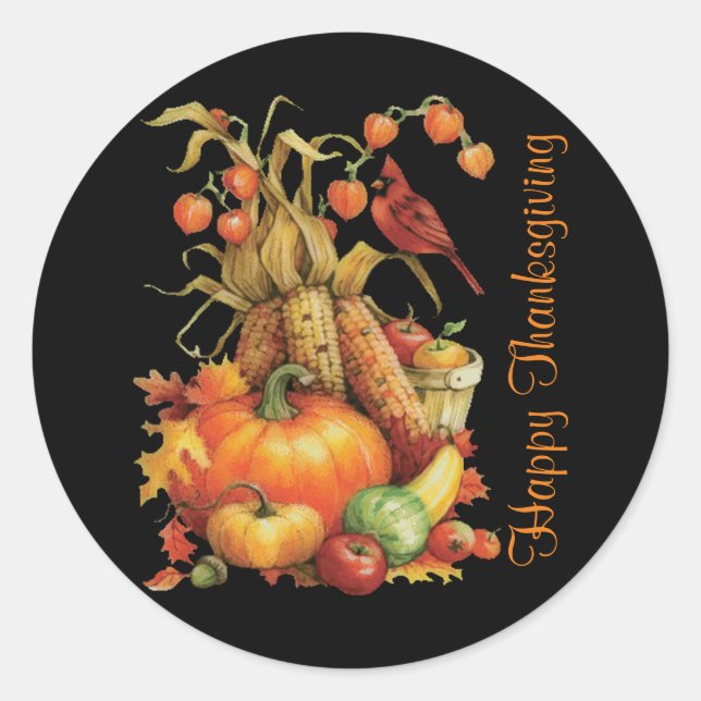 Autumn Harvest Happy Thanksgiving Black Stickers (Front)