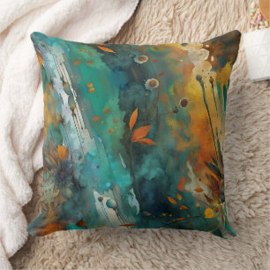 Autumn harvest paint Teal Rust Gold Abstract Cushion